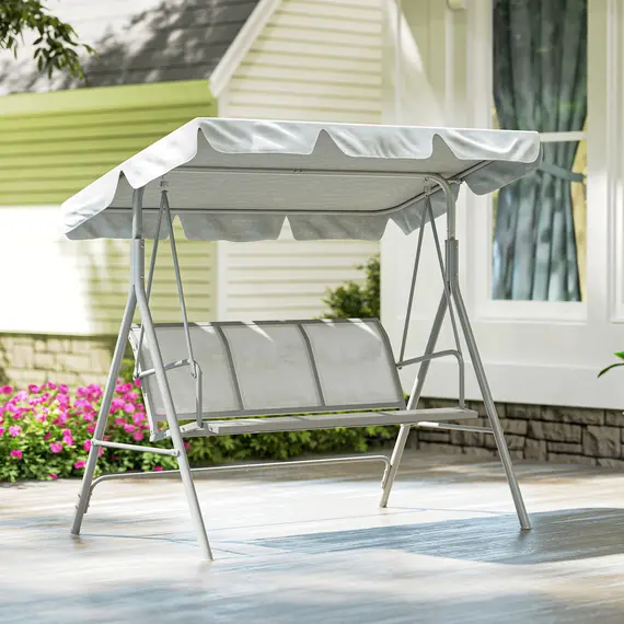 Buy Outsunny Metal Garden Swing Chair, 3-Seater Swing Seat, Patio Hammock Bench Canopy Lounger, Light Grey, 9 image