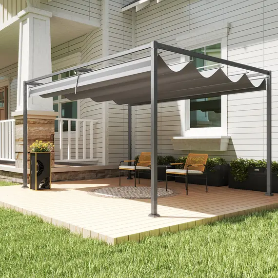 Buy Outsunny 4 x 3(m) Metal Outdoor Pergola with Retractable Roof, Outdoor Gazebo with Drainage Holes for Garden, Patio, Lawn, Grey, 6 image