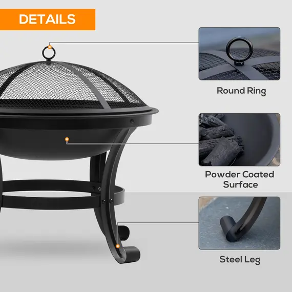 Buy Outdoor Fire Pit, Firepit with Mesh Lid, Poker, for Camping, Bonfire, Picnic, Black, 6 image