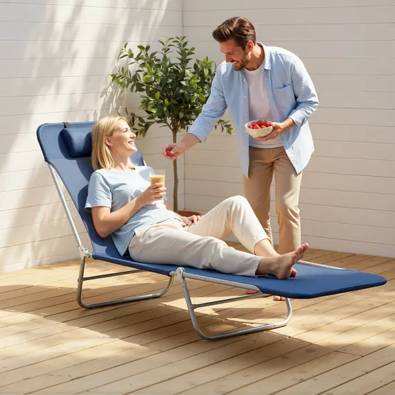 Buy Outsunny Folding Sun Lounger with Head Pillow - Dark Blue, 7 image