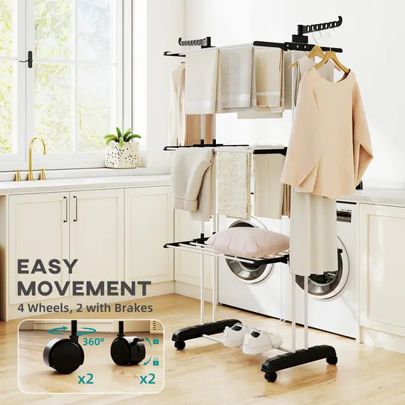 Buy Foldable Clothes Drying Rack, 4-Tier Steel Garment Laundry Rack with Castors for Indoor and Outdoor Use, Black, 7 image