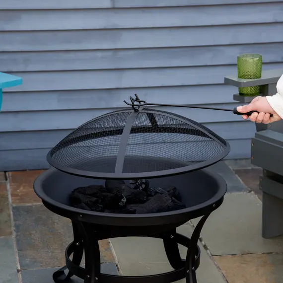 Buy Outdoor Fire Pit, Firepit with Mesh Lid, Poker, for Camping, Bonfire, Picnic, Black, 7 image
