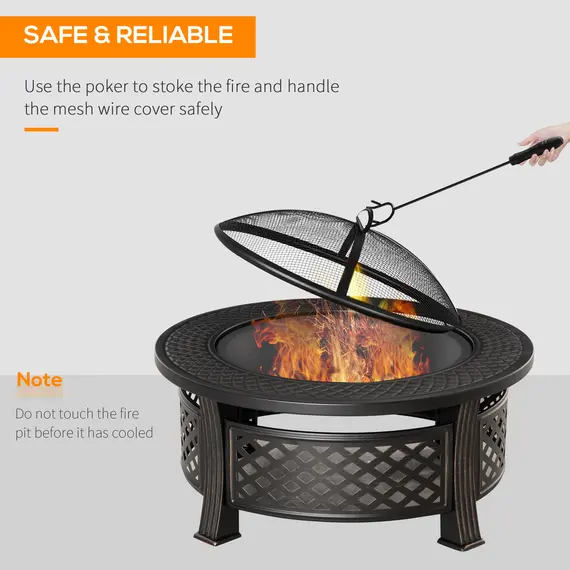Buy Outdoor Fire Pit, Firepit with Grill Net, Mesh Lid, Poker, for Camping, Bonfire, Picnic, Bronze Tone, 4 image