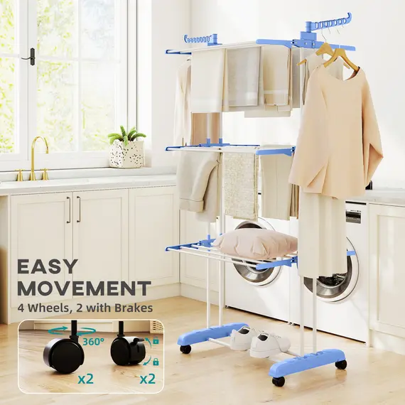 Buy Foldable Clothes Drying Rack, 4-Tier Steel Garment Laundry Rack with Castors for Indoor and Outdoor Use, Blue, 7 image