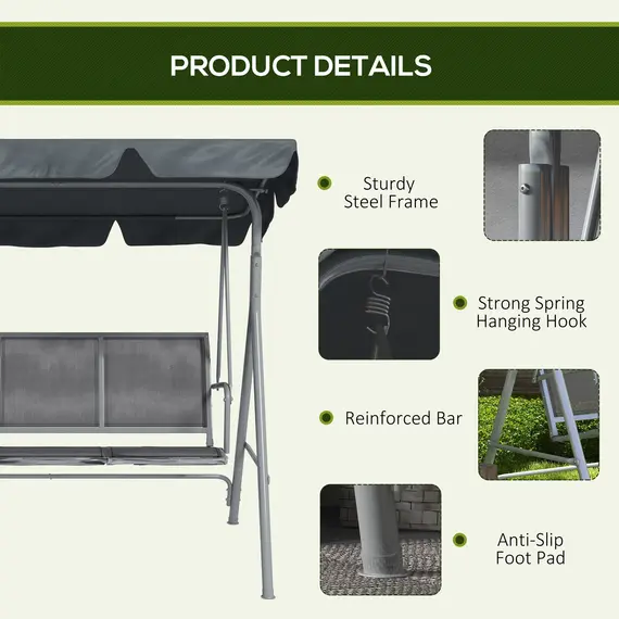 Buy 3 Seater Swing Chair, Garden Swing Bench with Adjustable Tilting Canopy, Breathable Mesh Seat and Heavy Duty Metal Frame for Patio, Garden, Dark Grey, 6 image