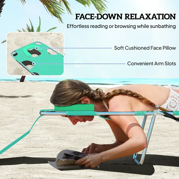 Buy Outsunny Foldable Sun Lounger with Reading Hole - Green, 5 image