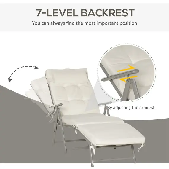 Buy Outsunny Sun Lounger Steel Frame Outdoor Folding Chaise Texteline Lounge Chair Recliner with Headrest & 7 Levels Adjustable Backrest, Cream White, 4 image