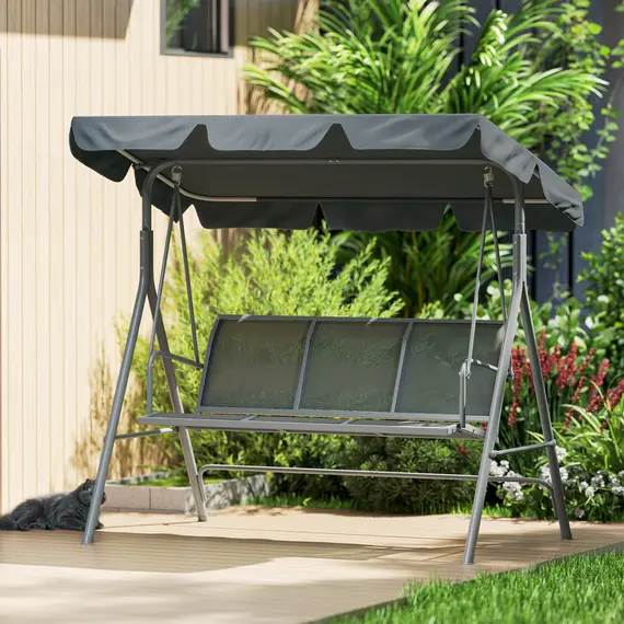 Buy 3 Seater Swing Chair, Garden Swing Bench with Adjustable Tilting Canopy, Breathable Mesh Seat and Heavy Duty Metal Frame for Patio, Garden, Dark Grey, 9 image