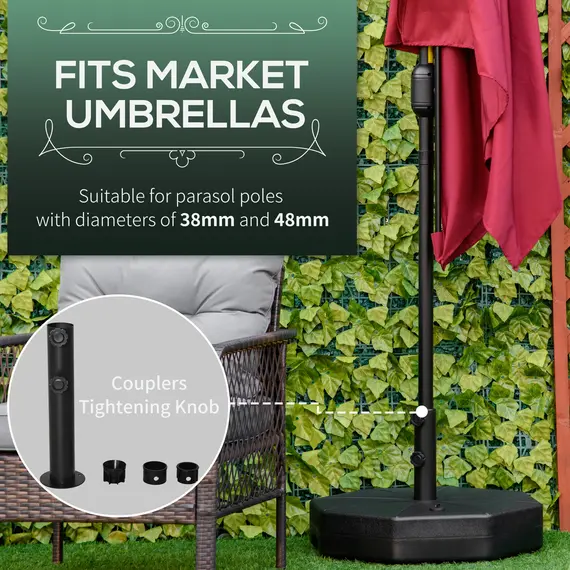 Buy Outsunny Octagonal Garden Parasol Base Holder Outdoor Market Umbrella Stand Weights, Up to 28kg Water Filled or 40kg Sand Filled, Black, 4 image