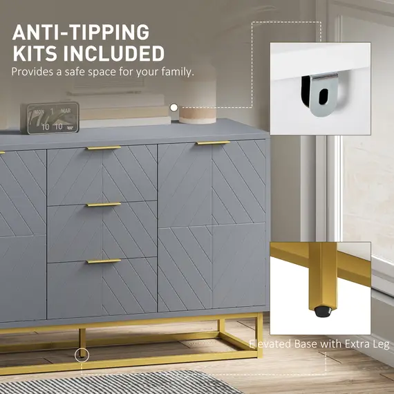 Buy Sideboard with 3 Drawers and Adjustable Shelves for Living Room - Grey, 7 image
