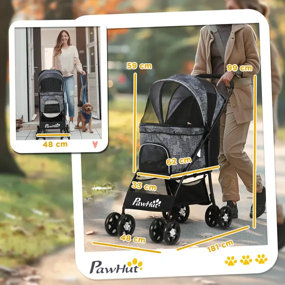 Buy Foldable Pet Stroller for Dogs, Puppy Stroller, with Large Carriage, Brakes, Canopy - Grey, 3 image