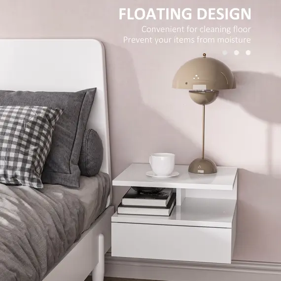 Buy Set of Two Floating High Gloss Bedside Tables - White, 4 image