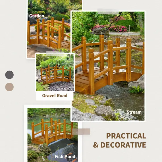 Buy Outsunny Wooden Garden Bridge with Safety Railings, Arc Footbridge for Pond Backyard Stream, Brown, 6 image