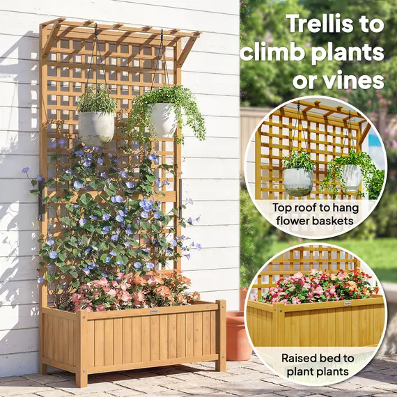 Buy Raised Bed with Drainage Holes, Wood Planter with Trellis for Climbing Plants to Grow Vegetables, Flowers, Yellow, 5 image