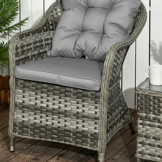 Buy 3 Pieces Rattan Bistro Set, Wicker Garden Bistro Set, Glass Top Balcony Table and Chairs with Cushions for Outdoor, Patio, Balcony, Grey, 8 image