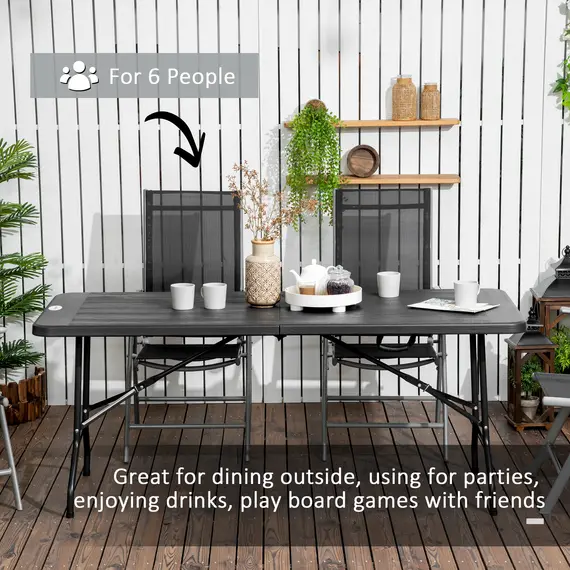 Buy Outsunny Folding Garden Dining Table for 6, Rectangular Outdoor Dining Table with HDPE Tabletop, Foldable Garden Table with Steel Frame for Balcony, Porch, Charcoal Grey, 4 image