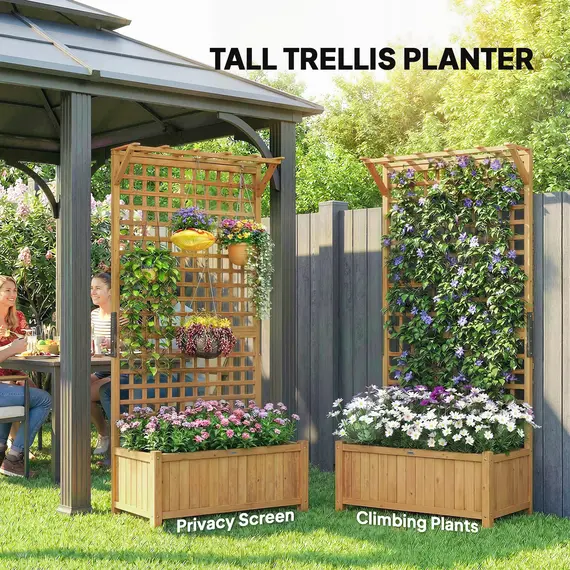 Buy Raised Bed with Drainage Holes, Wood Planter with Trellis for Climbing Plants to Grow Vegetables, Flowers, Yellow, 4 image