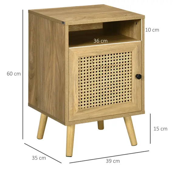 Buy Bedside Table with Rattan Element, Side End Table with Shelf and Cupboard, 39cmx35cmx60cm, Set of 2, Natural, 3 image