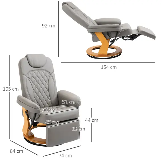 Buy HOMCOM PU Recliner Chair with Footrest, Headrest, Round Wooden Base, Lounge Reading Armchair for Living Room, Bedroom and Office, Grey, 3 image