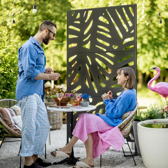 Buy Decorative Garden Privacy Screen with Stand, 6.5FT Freestanding Metal Outdoor Divider, Decorative Privacy Panel with Expansion Screws for Garden Pool Hot Tub, Large Leaves Style, Black, 2 image
