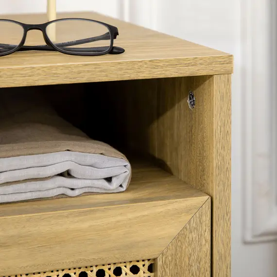 Buy Bedside Table with Rattan Element, Side End Table with Shelf and Cupboard, 39cmx35cmx60cm, Set of 2, Natural, 9 image