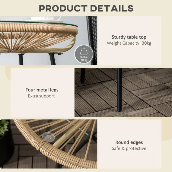Buy Outsunny Rattan Side Table, Round Outdoor Coffee Table, with Round PE Rattan and Tempered Glass Tabletop for Patio, Garden, Balcony, Beige, 6 image