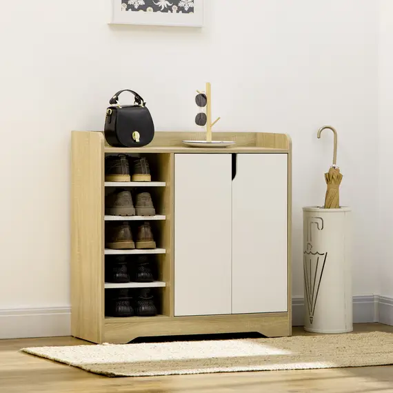 Buy Shoe Storage with Double Doors and Open Shelves 13 Pair Shoe Storage Organizer for Entryway Hallway Natural and White, 2 image