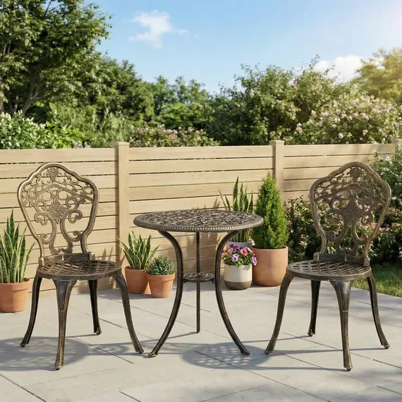 Buy Outsunny 3 Piece Cast Aluminium Garden Bistro Set for 2 with Parasol Hole, Outdoor Coffee Table Set, Two Armless Chairs and Round Coffee Table for Balcony, Patio, Bronze, 2 image