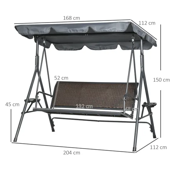 Buy 3 Seater Swing Chair, Garden Swing Seat Bench with Adjustable Canopy, Rattan Seat and Steel Frame for Patio, Yard, Dark Grey, 3 image