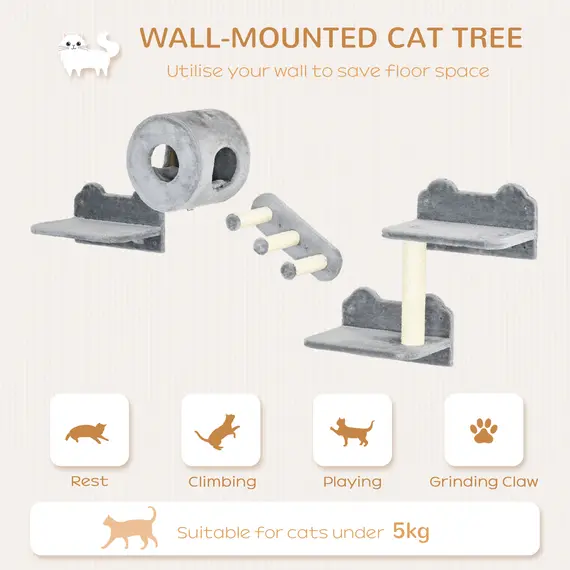 Buy 4PCs Wall-Mounted Cat Tree, with Steps, Perch, Cat House - Grey, 4 image