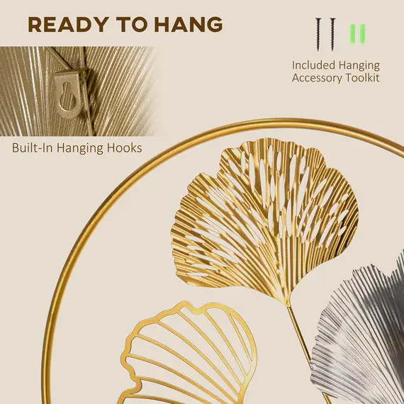 Buy Large Metal Wall Art, Modern Hanging Wall Sculpture with Unique Multi-leaf Design, Horizontal or Vertical Metal Hanging Decoration for Living Room Bedroom Entryway, Gold Silver, 5 image