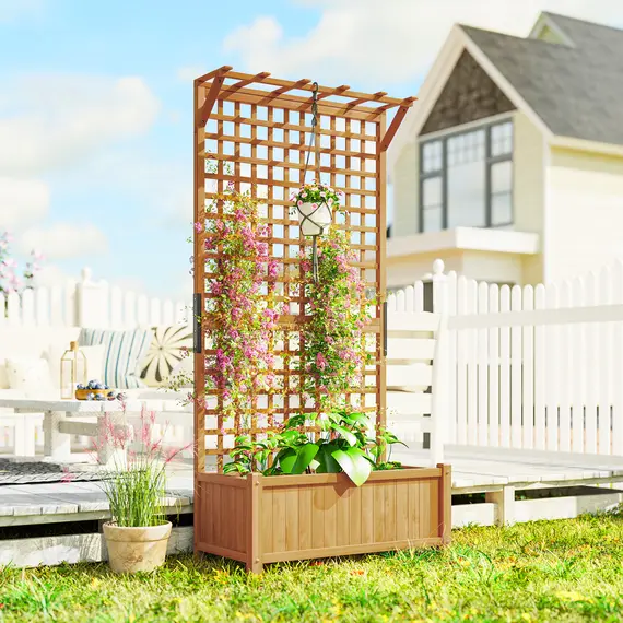 Buy Raised Bed with Drainage Holes, Wood Planter with Trellis for Climbing Plants to Grow Vegetables, Flowers, Yellow, 2 image