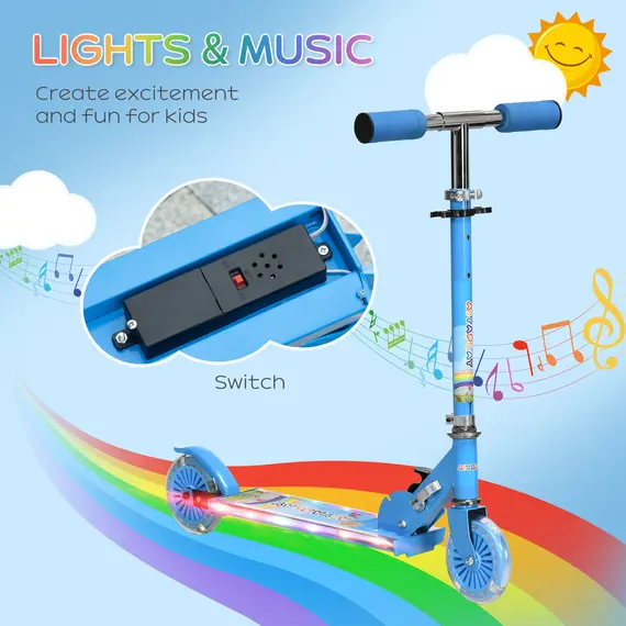 Buy HOMCOM Kids Scooter, with Lights, Music, Adjustable Height, Foldable Frame, for Ages 3-7 Years - Blue, 4 image