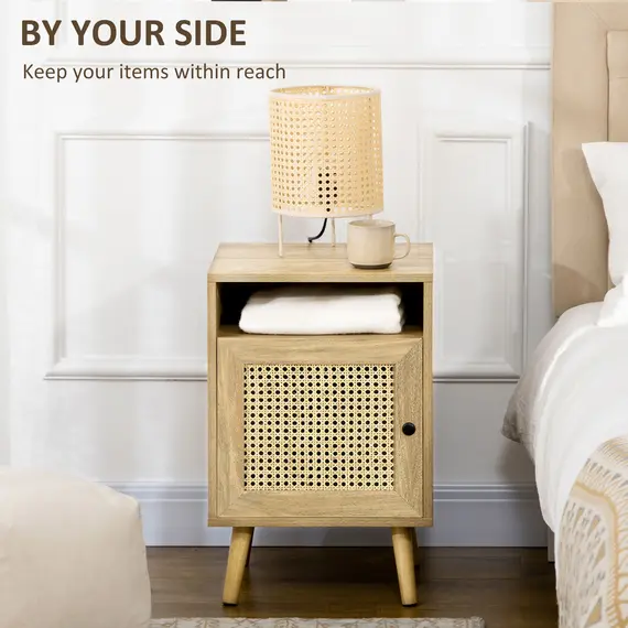 Buy Bedside Table with Rattan Element, Side End Table with Shelf and Cupboard, 39cmx35cmx60cm, Set of 2, Natural, 4 image