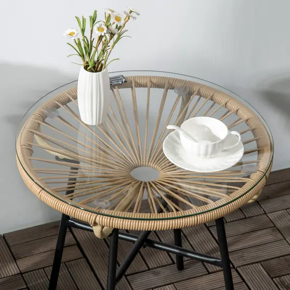 Buy Outsunny Rattan Side Table, Round Outdoor Coffee Table, with Round PE Rattan and Tempered Glass Tabletop for Patio, Garden, Balcony, Beige, 9 image