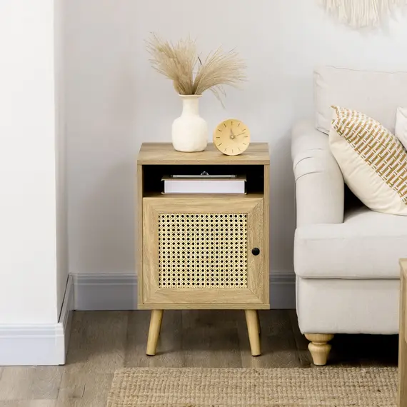 Buy Bedside Table with Rattan Element, Side End Table with Shelf and Cupboard, 39cmx35cmx60cm, Set of 2, Natural, 7 image