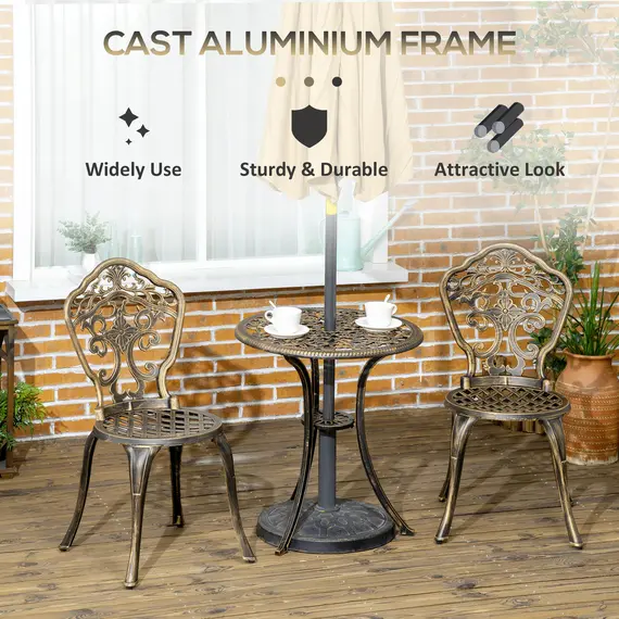 Buy Outsunny 3 Piece Cast Aluminium Garden Bistro Set for 2 with Parasol Hole, Outdoor Coffee Table Set, Two Armless Chairs and Round Coffee Table for Balcony, Patio, Bronze, 5 image