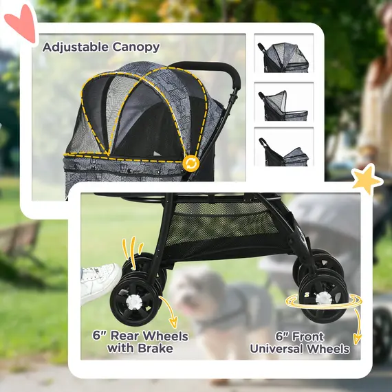 Buy Foldable Pet Stroller for Dogs, Puppy Stroller, with Large Carriage, Brakes, Canopy - Grey, 6 image