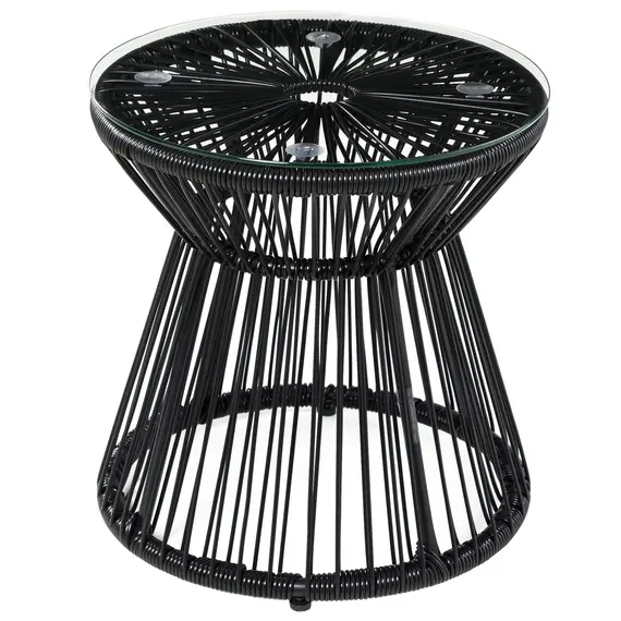 Buy Outsunny Round End Table, Rattan Side Table, Hollow Drum Design Coffee Table w/ Glass Tabletop for Patio, Garden, Balcony Black