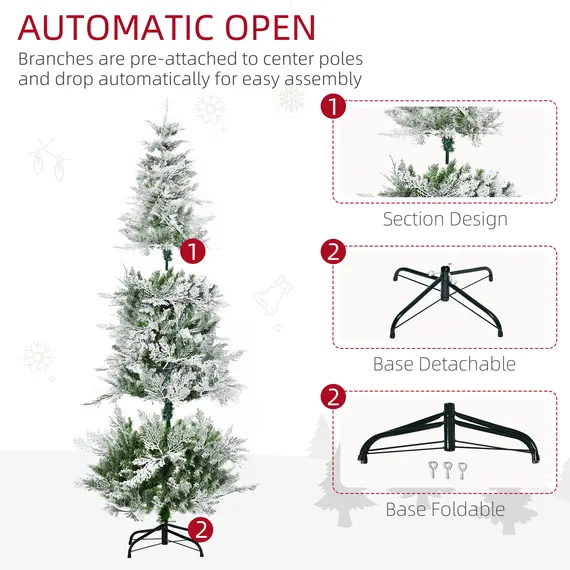 Buy 6 Ft Pencil Snow Flocked Artificial Christmas Tree with Realistic Cypress Branches, Auto Open, Green, 6 image