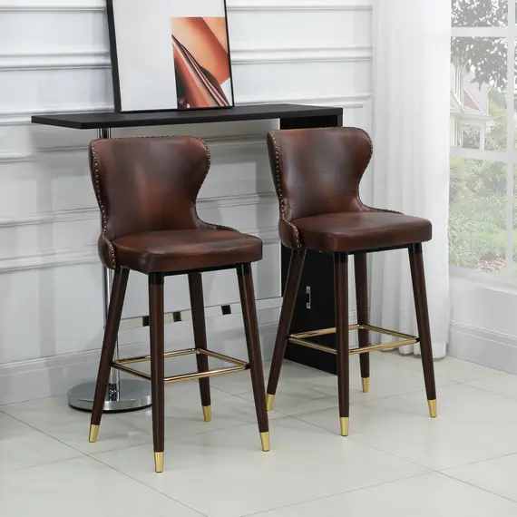 Buy HOMCOM Bar Stools Set of 2, PU Leather Barstools with Back, Footrest and Wood Legs for Kitchen, Counter, Breakfast Bar, Brown, 2 image