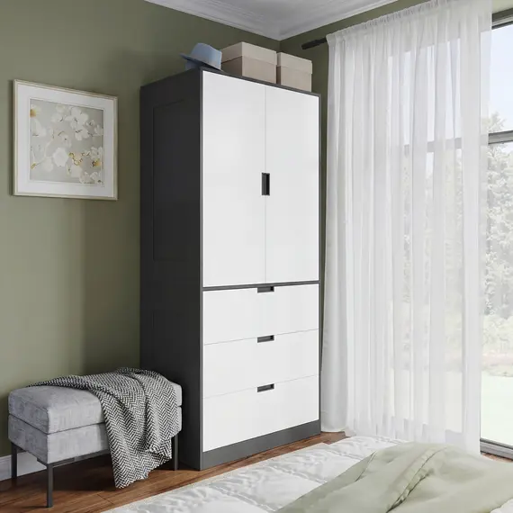 Buy 2 Door Wardrobe, Modern Wardrobe with 3 Drawers and Hanging Rod for Bedroom, Black, 9 image