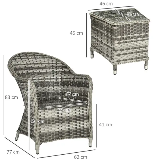 Buy 3 Pieces Rattan Bistro Set, Wicker Garden Bistro Set, Glass Top Balcony Table and Chairs with Cushions for Outdoor, Patio, Balcony, Grey, 3 image