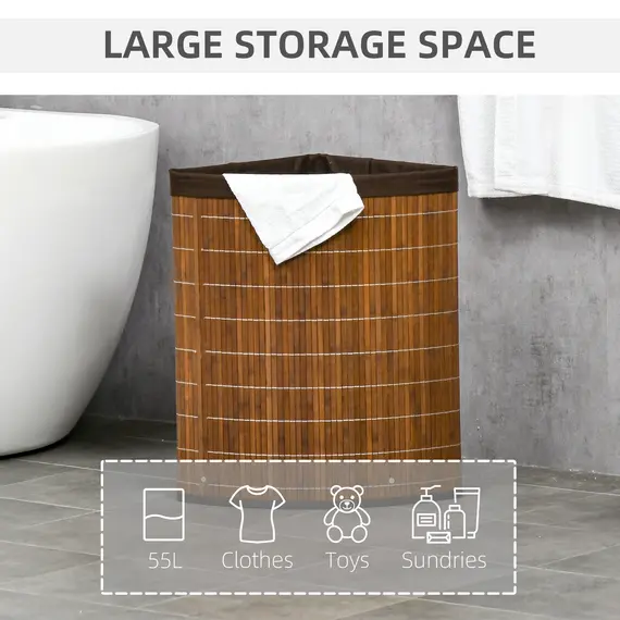 Buy Bamboo Laundry Basket with Lid, 55 Litres Laundry Hamper with Removable Washable Lining,  Corner Washing Baskets, 38 x 38 x 57cm, Brown, 4 image