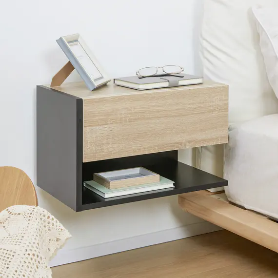 Buy Floating Bedside Table Set of 2, Wall Mounted Bedside Cabinet with Drawer and Open Shelf, Modern Nightstand for Bedroom, 46 x 30 x 30 cm, Oak Tone, 8 image