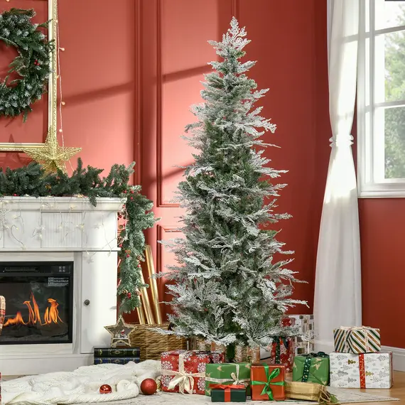 Buy 6 Ft Pencil Snow Flocked Artificial Christmas Tree with Realistic Cypress Branches, Auto Open, Green, 2 image