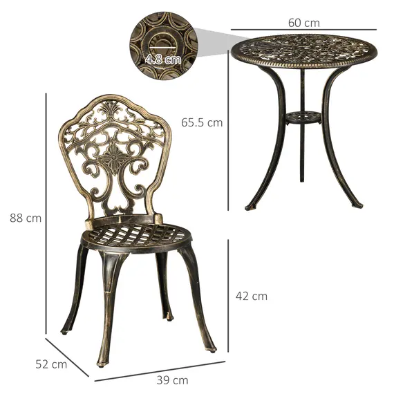 Buy Outsunny 3 Piece Cast Aluminium Garden Bistro Set for 2 with Parasol Hole, Outdoor Coffee Table Set, Two Armless Chairs and Round Coffee Table for Balcony, Patio, Bronze, 3 image