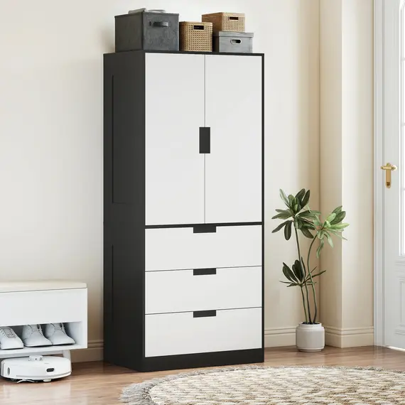 Buy 2 Door Wardrobe, Modern Wardrobe with 3 Drawers and Hanging Rod for Bedroom, Black, 8 image