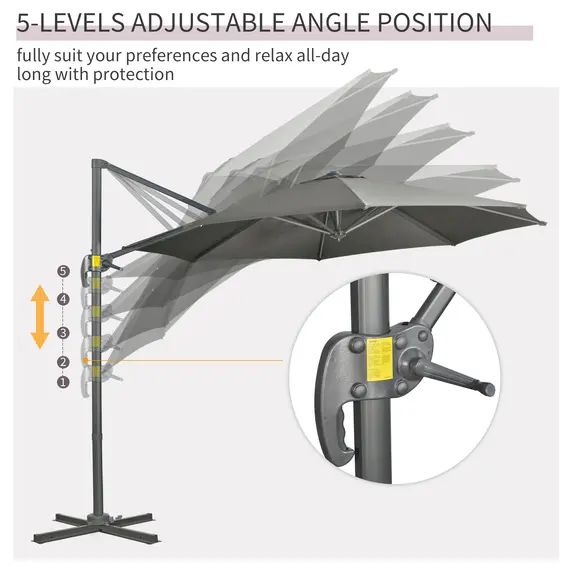Buy Outsunny 3 x 3(m) Cantilever Parasol with Cross Base, Garden Umbrella with 360° Rotation, Crank Handle and Tilt for Outdoor, Patio, Grey, 5 image
