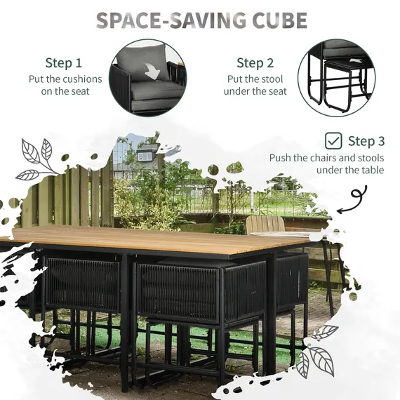 Buy 10 Seater Rattan Cube Garden Furniture Set with Wood Grain Plastic Top Table, Black, 7 image